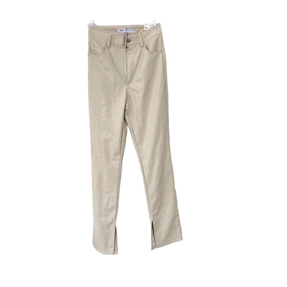 ZARA Faux Leather Super High Rise Slim Flare Pants Slit Size 2 34 Long Beige - Picture 2 of 14